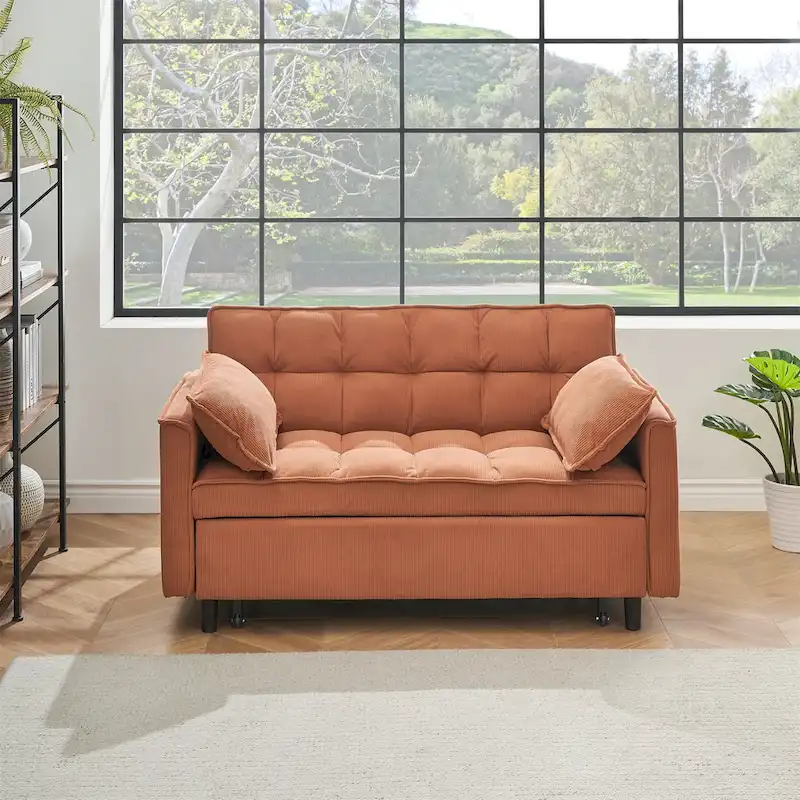 Beige/Pink/Orange/Grey Corduroy Convertible Sofa Bed, Adjustable Back, 2-Seat