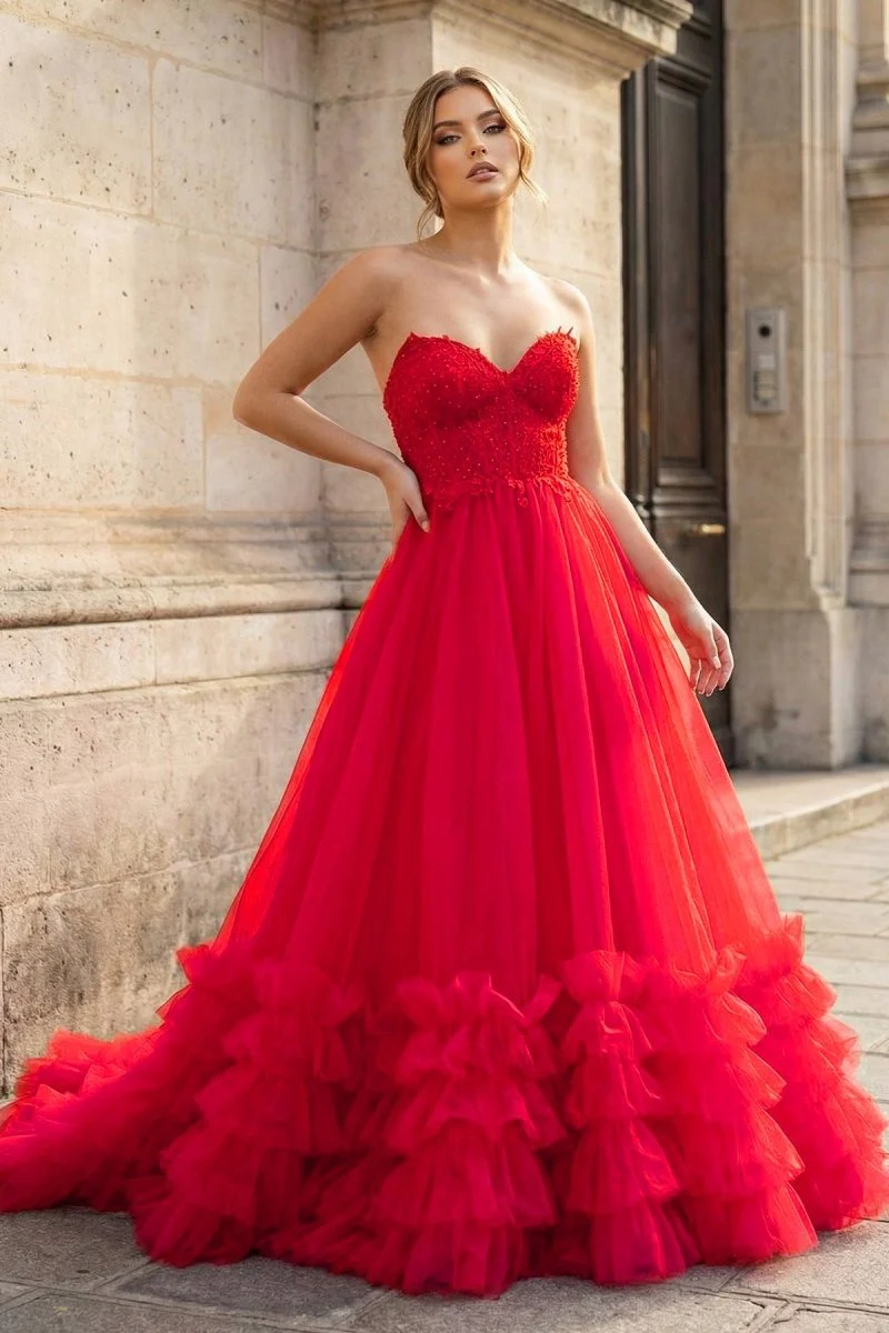 Red Tulle Appliques Sweetheart Ruffle Long Prom Dress