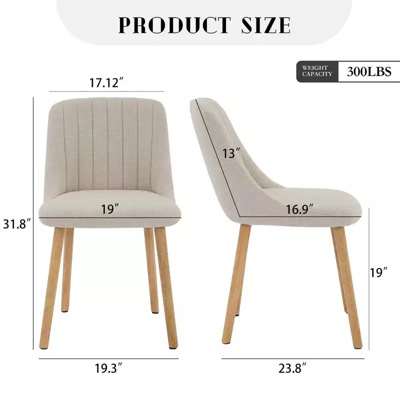 Set of 2 Upholstered Dining Chairs with Oak Legs - 300Lbs Weight Capacity, Linen Curved Backrest Chair