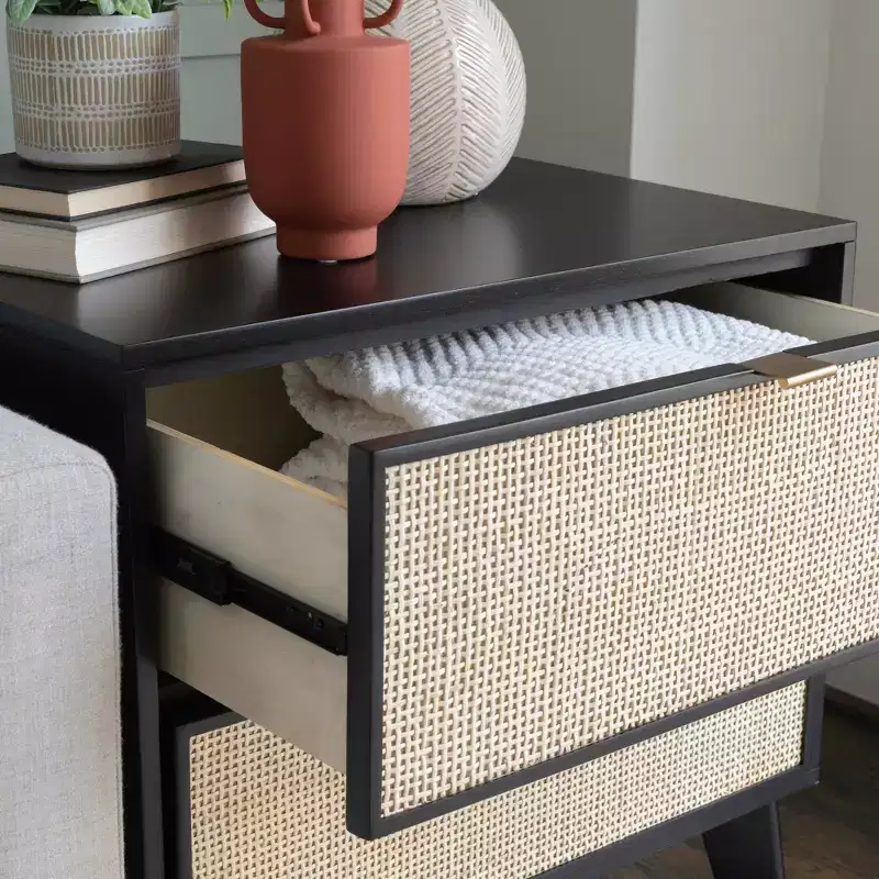 Powell Chancery Black and Cane Cane 2 Drawer Nightstand