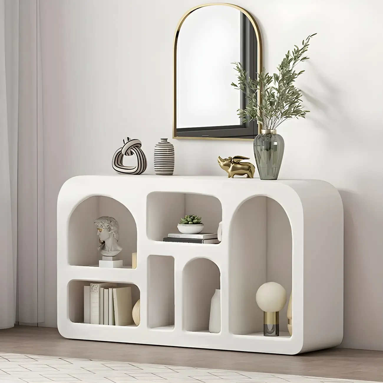 White Wood Open Storage Multi-Shelf Display Cabinet