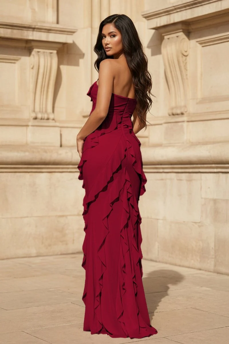 Pink - Sheath Strapless Chiffon Long Prom Dresses With Ruffles