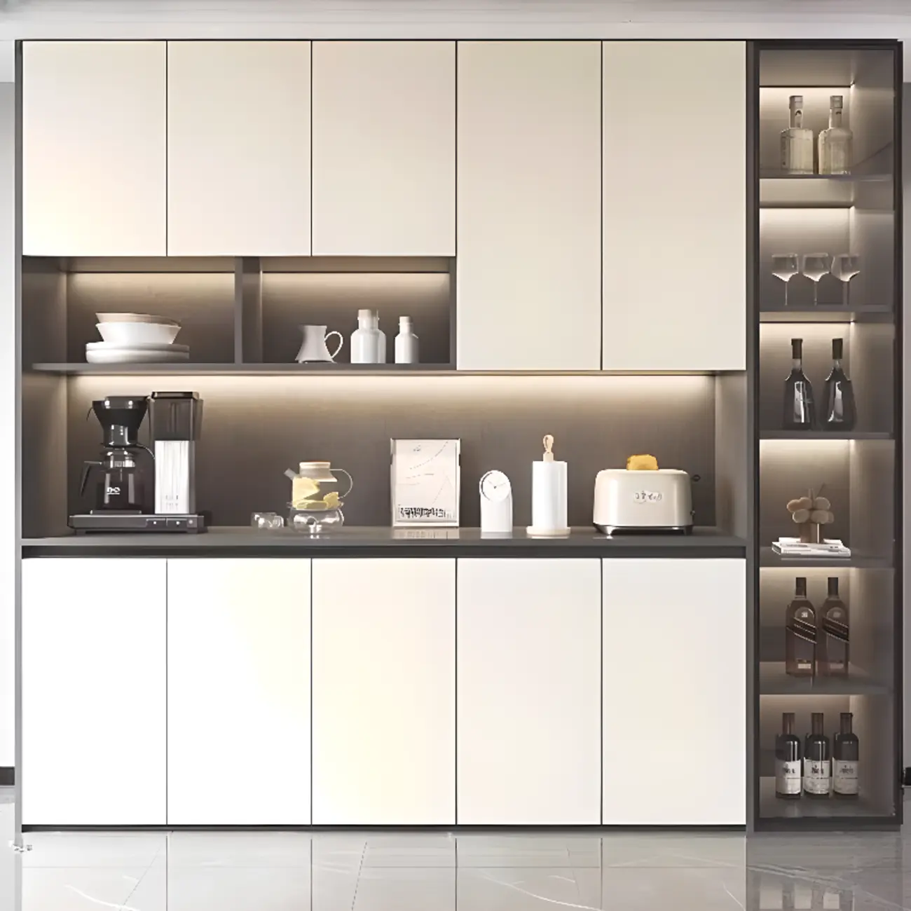White Rectangular Multi-Shelves Glass Wood Wine Cabinet