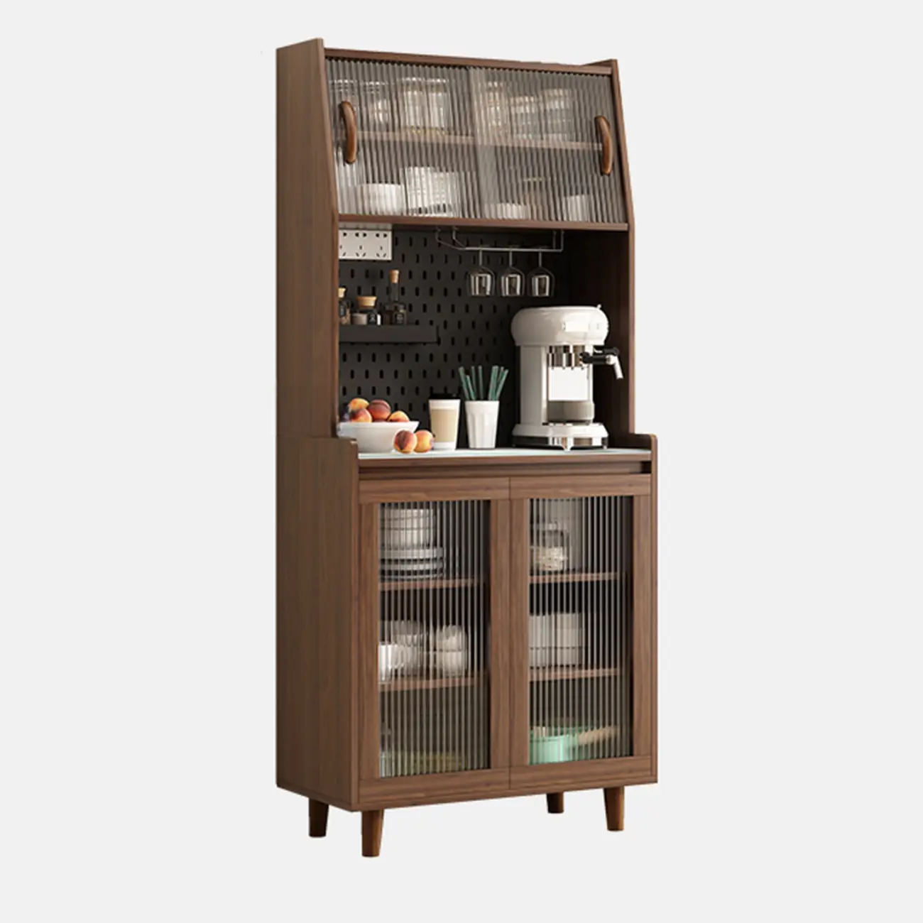 Wide Brown Wooden Pegboard Back Sideboard with Hutch