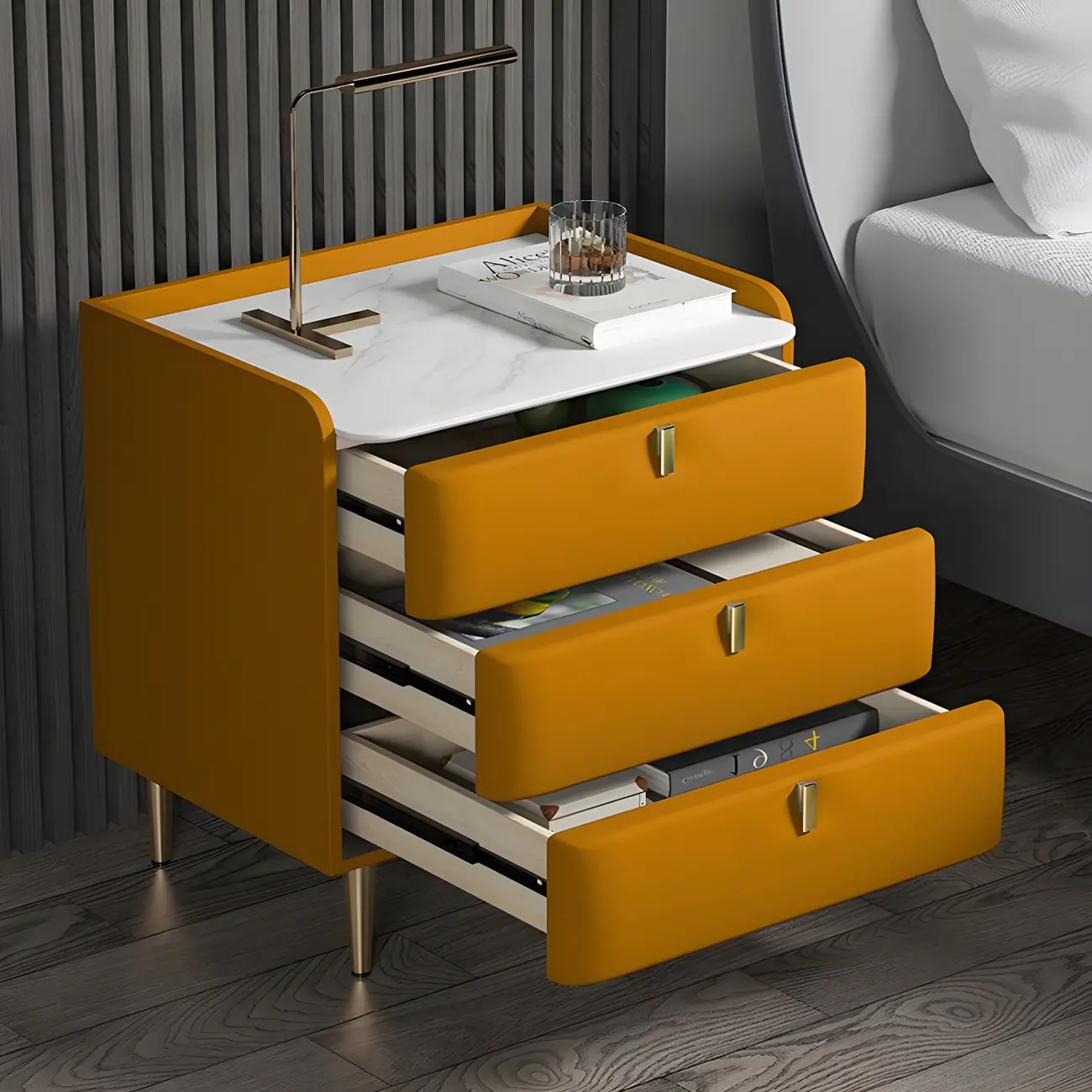 Glam Leather Sintered Stone Top Nightstand with Drawers