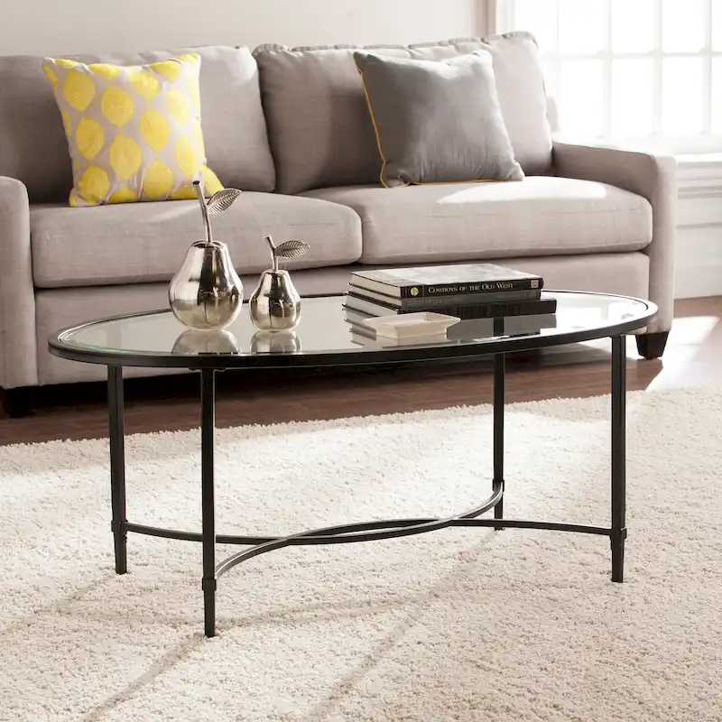 Oval Glass Top Coffee Table – Matte Black, Metal Frame, Seats 2–4