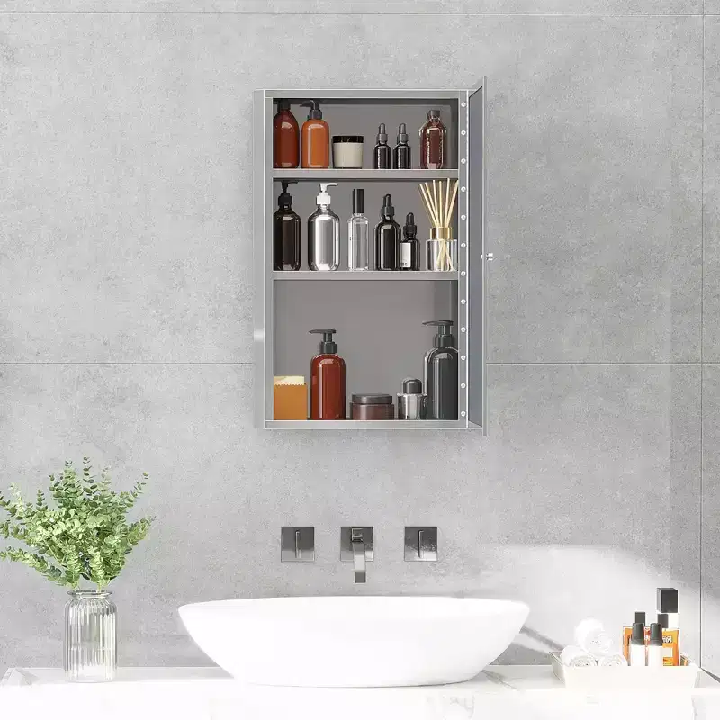 HOMCOM Bathroom Mirrored Cabinet, Vertical 16 x 24 Stainless Steel Frame Medicine Cabinet, Wall-Mounted Storage Organizer with Single Door