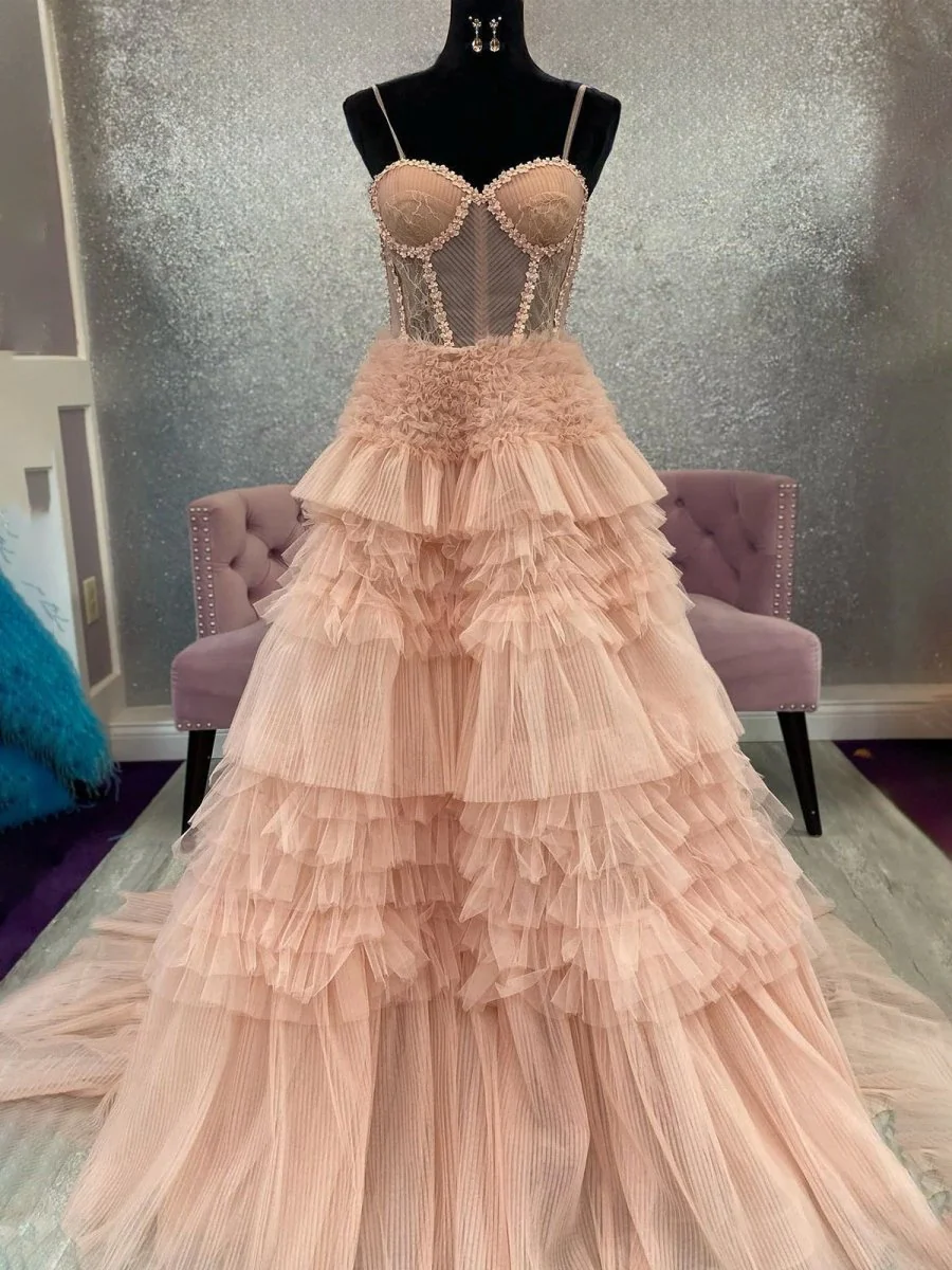 Blushing Pink Tulle Ruffle Layers Lace-Up Back A-Line Prom Dress