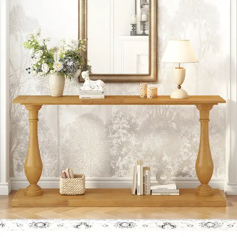 Vase-Leg Design Console Table Narrow Entryway Table Sofa Side Table with Bottom Shelf