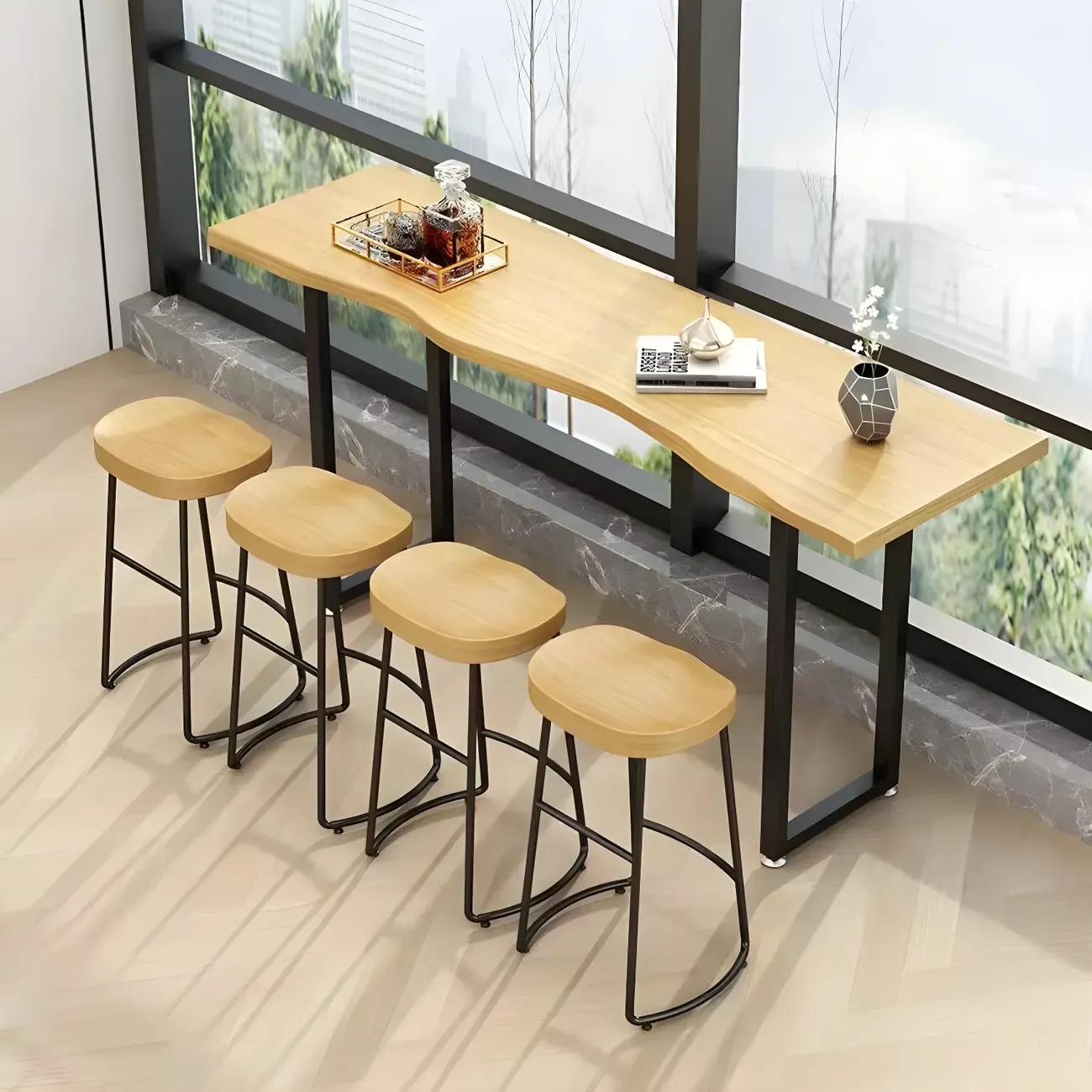 Natural Finish Bar Table Set with Backless Stools
