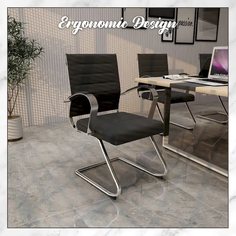 Leather Office Chair with Stainless Steel Sled Base Benmar Series by LeisureMod