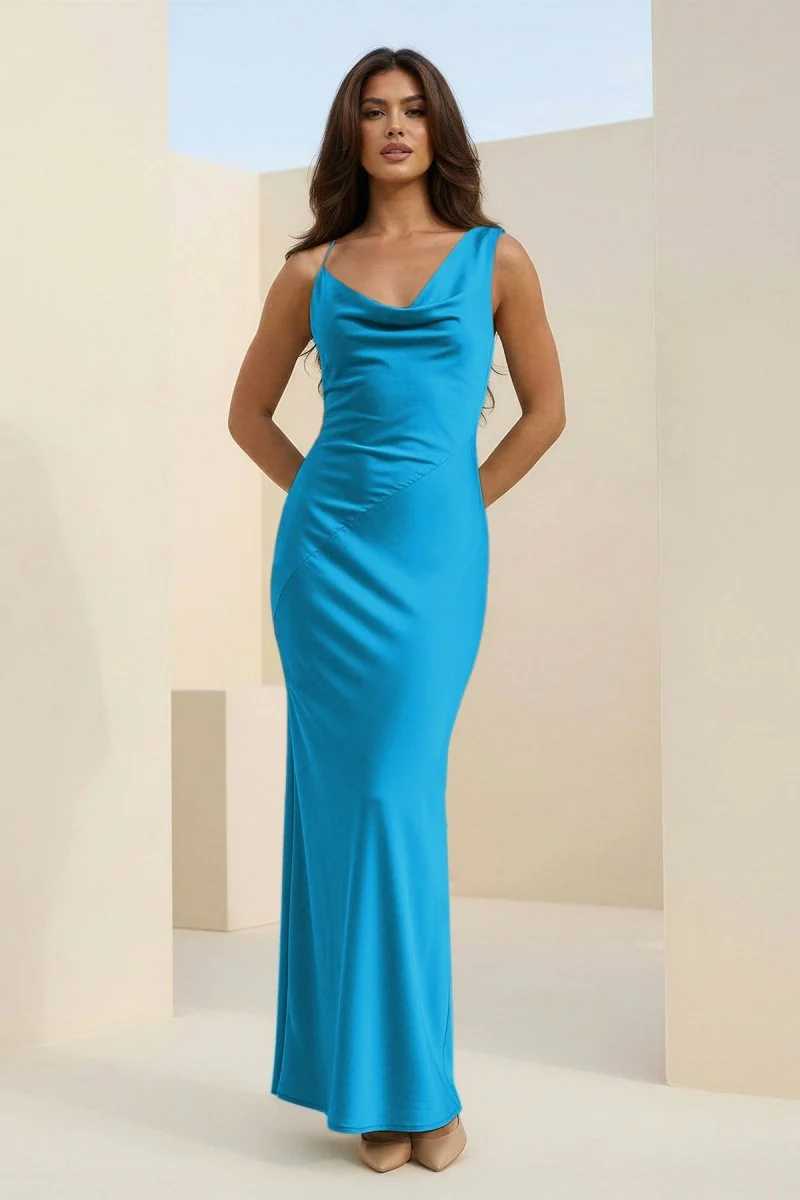 Red Cowl Neck Sleeveless Sheath Satin Backless Long Prom Dresses