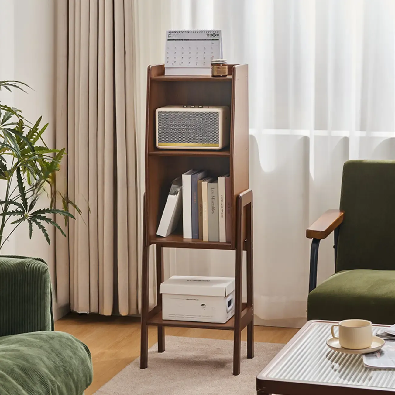 Scandinavian Narrow Brown Wood Multi-Tier Ladder Bookcase