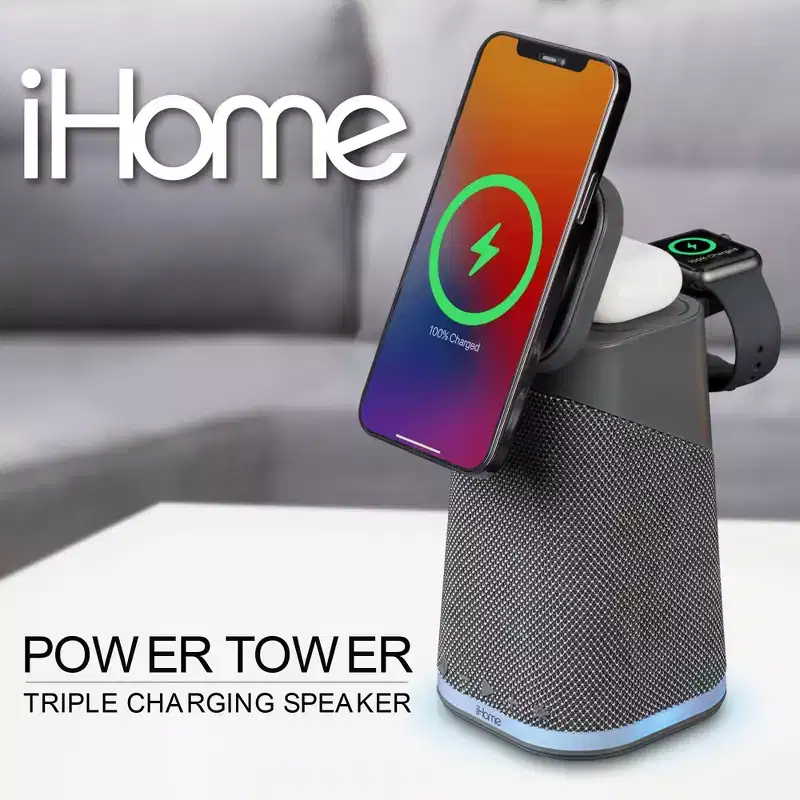 iHome Wireless Charger with Apple Watch Charger, AirPods Charger, and Bluetooth Speaker  Dark Grey (iPBT70DG)