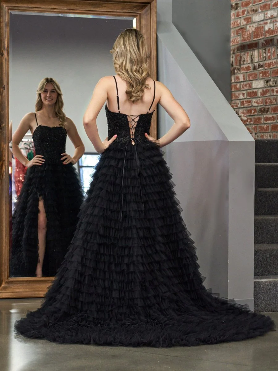 Black A-Line Tiered Sequins Tulle Long Prom Dress