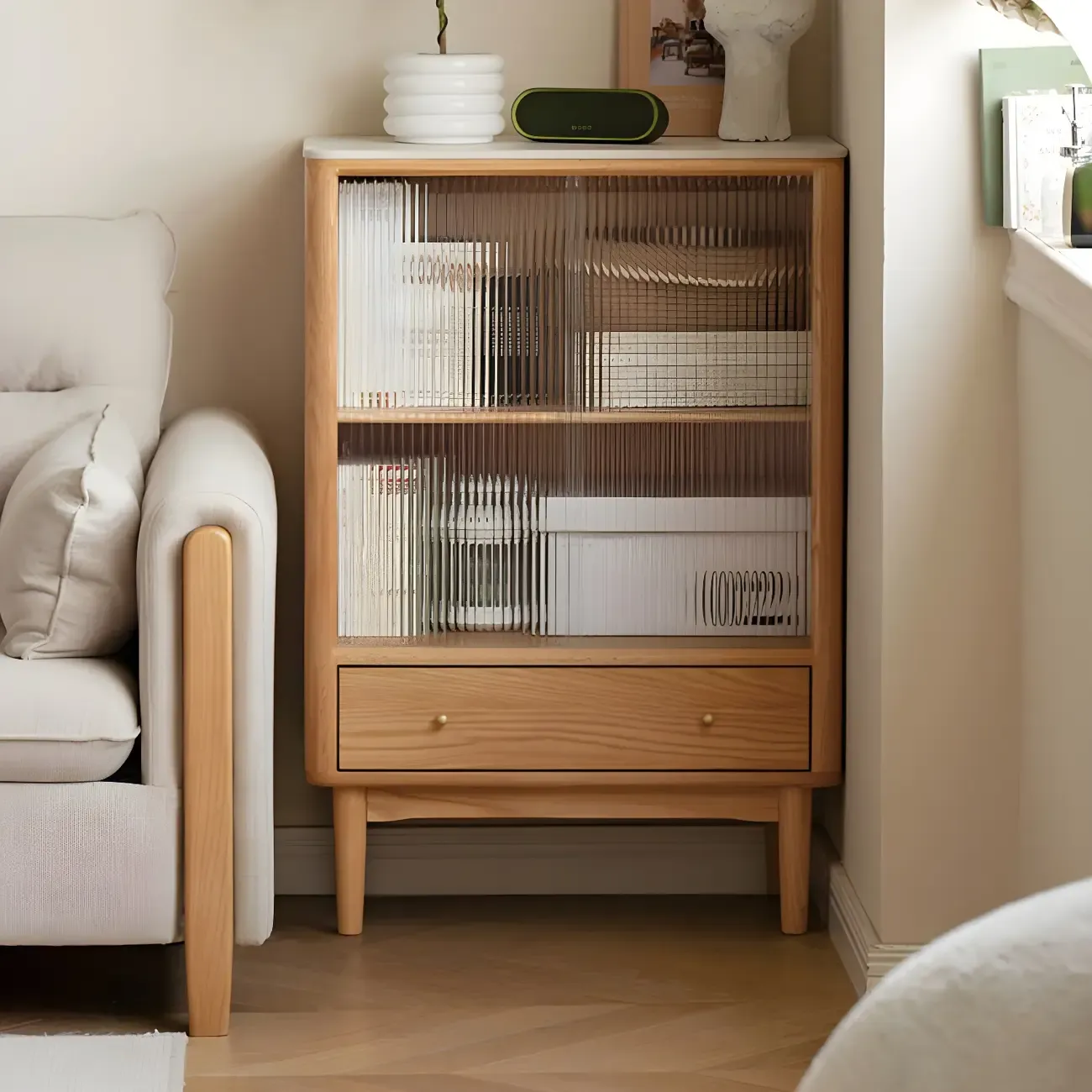 Natural Light Wood Glass Door Display Cabinet with Storage