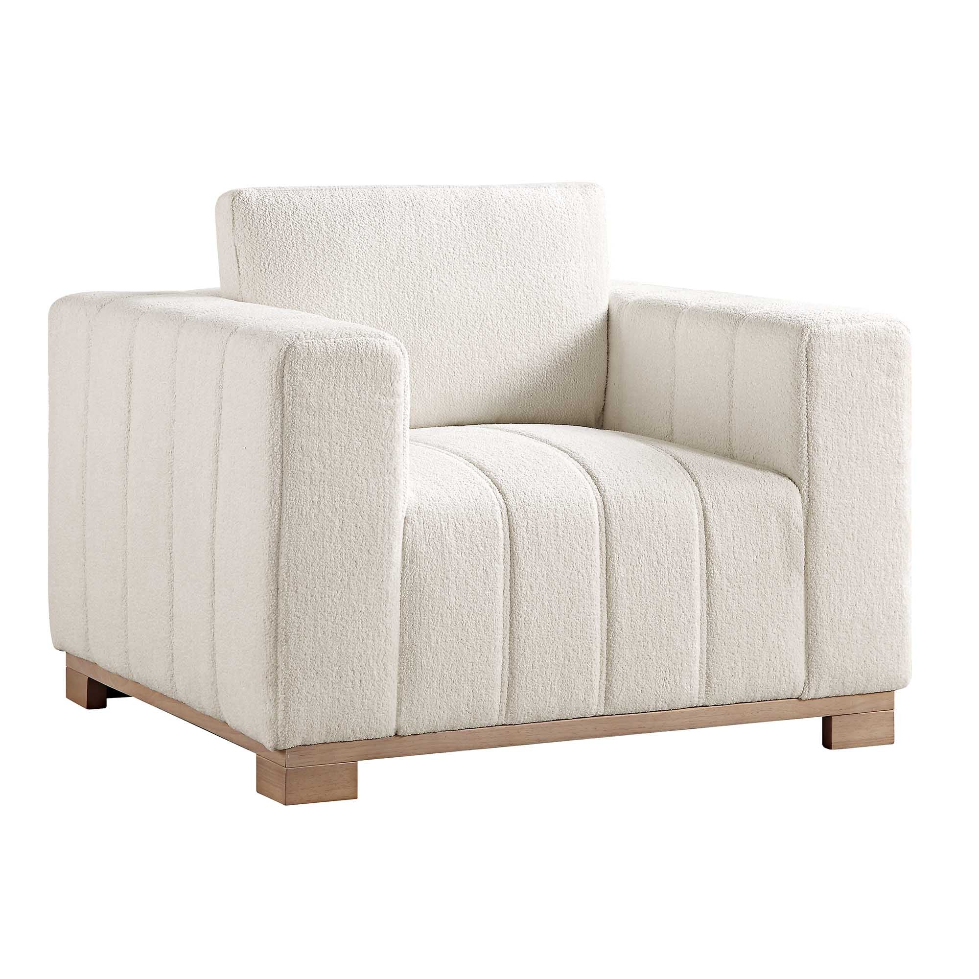 Beige Boucle Sofa with Wooden Base, 1-Seater