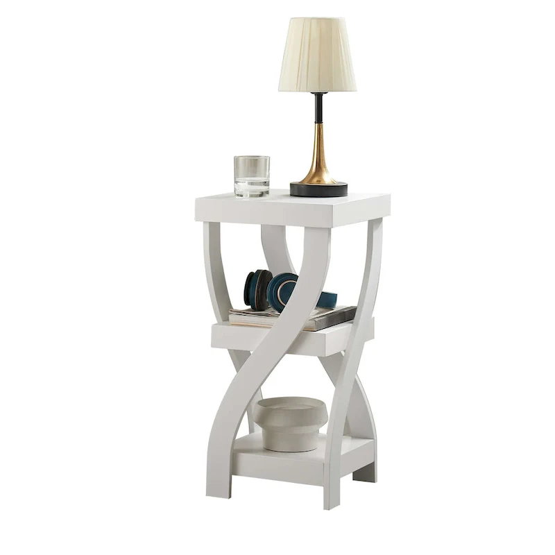 White Wood Square Side Table with Curved Legs & 2-Tier Storage Shelves - Single Use