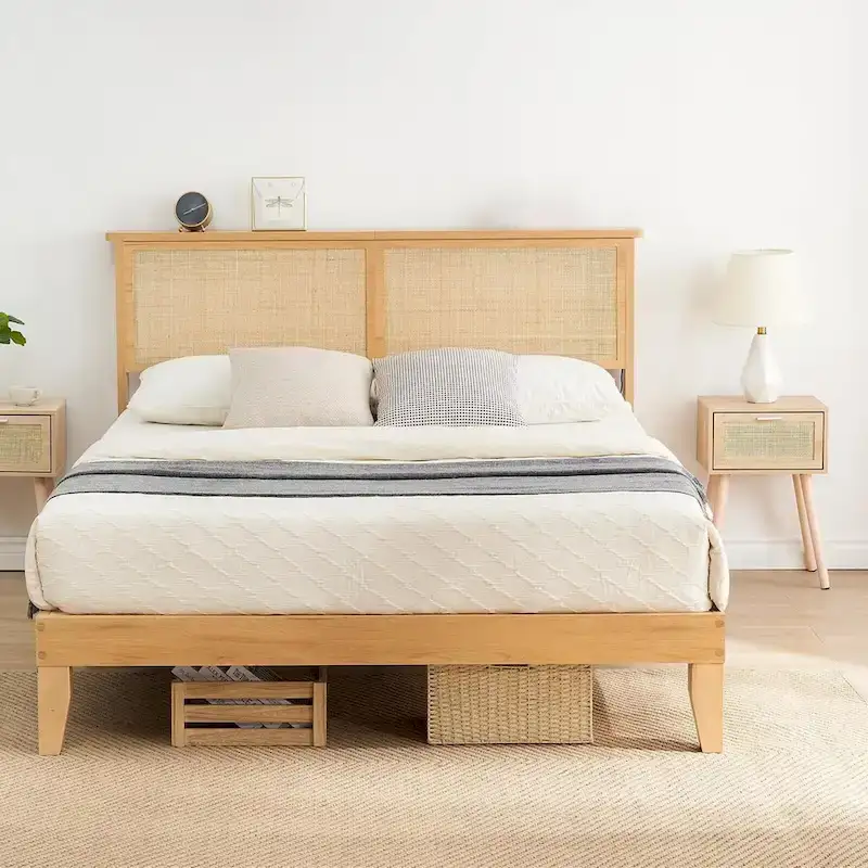 Bed Frame with Natural Rattan