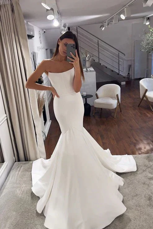 Simple Mermaid Strapless Satin Wedding Dress Bridal Gowns