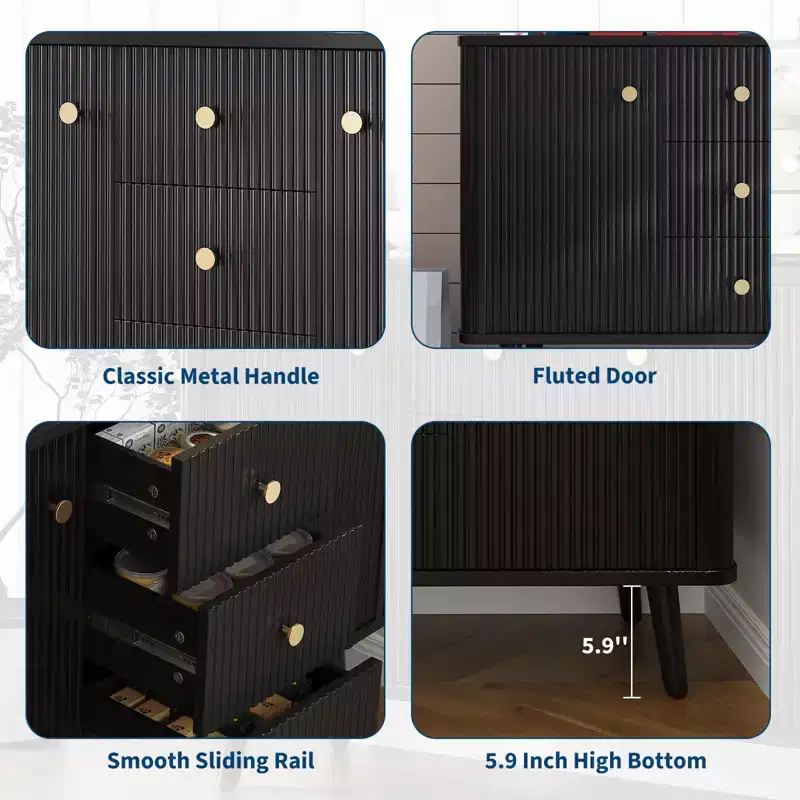 3 Drawers, Slim Kitchen Storage Cabinet, Modern Fluted Sideboard Buffet Cabinet