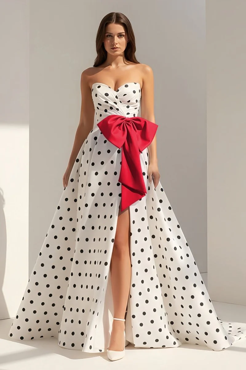 Fuchsia Strapless A Line Polka Dots Satin Long Prom Dresses With Bow