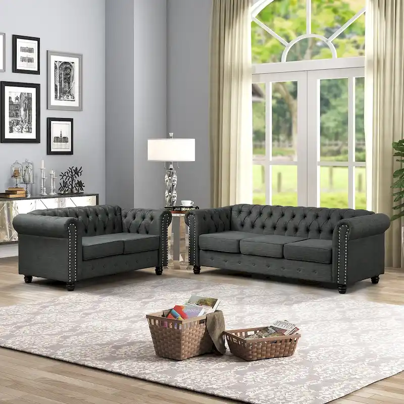 Tufted Chesterfield Loveseat and Sofa Set of 2 - Linen Fabric