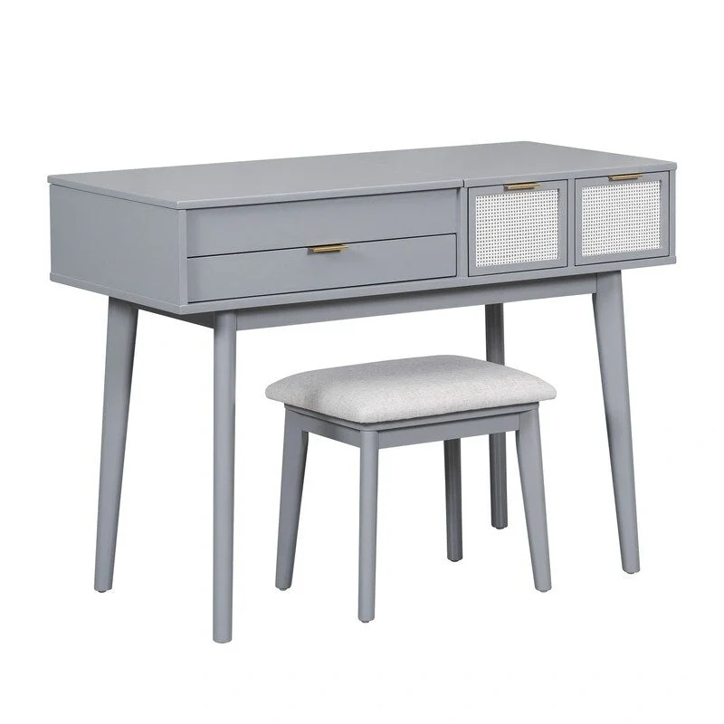 Grondin Modern Style Vanity Set with Flip Top Mirror, Cushioned Stool and Drawers, 2-in-1 Makeup table Set for Bedroom