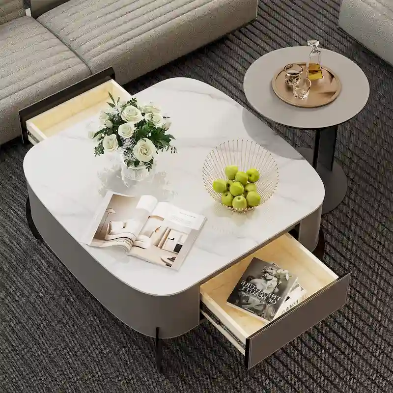 White Square Coffee Table with 2 Drawers