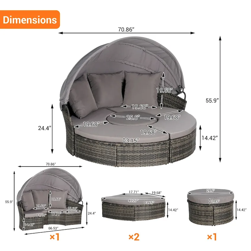 5-Piece Round Daybed Sunbed with Canopy & Removable Cushions