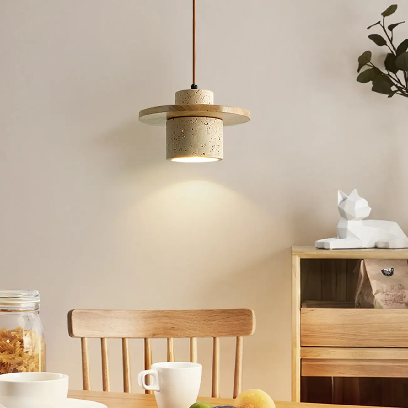 Modern Beige Stone Wood Disc Cylinder Pendant Light