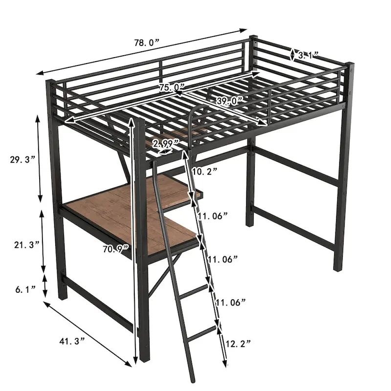 Metal Loft Bed with Desk and Guardrail