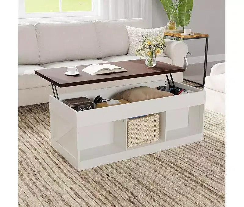 Farmhouse Lift Top Coffee Table with Hydraulic Height Adjustment  Multifunctional Adjustable End Table Featuring Hidden Storage Compartment