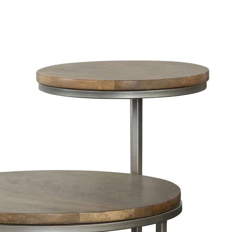 29 Inch Modern Round Accent Table, 2 Tier Brown Wood Tops, Gray Metal Base