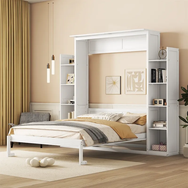 White/Grey Queen Murphy Wall Bed with Shelves & LED Lights, Sleeps 1