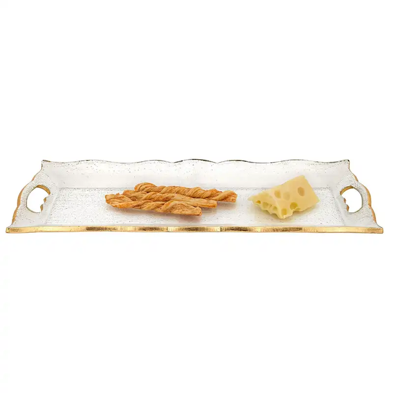 HomeRoots 11  Clear And Gold Seeded Glass Serving Tray With Handles