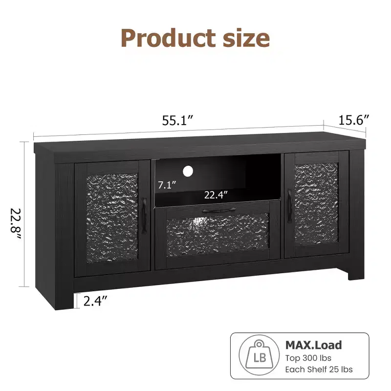 55 Farmhouse TV Stand with Acrylic Doors - 300lb Weight Capacity & Adjustable Shelves Entertainment Center for Living Room or Bedroom