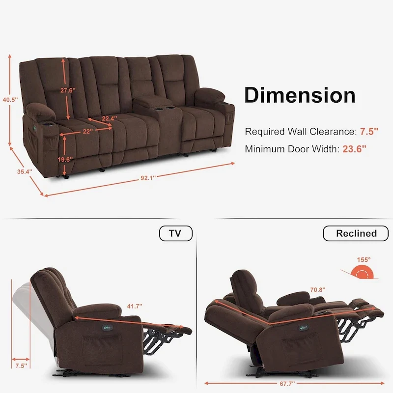 Electric Power Reclining Sofa with Massage and Lumbar Heat, Fabric