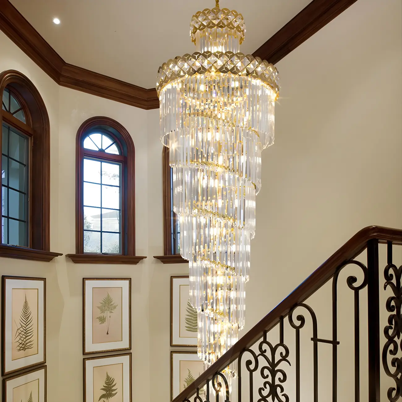Luxurious Gold Spiral Crystal Round Tier Stairwell Chandelier