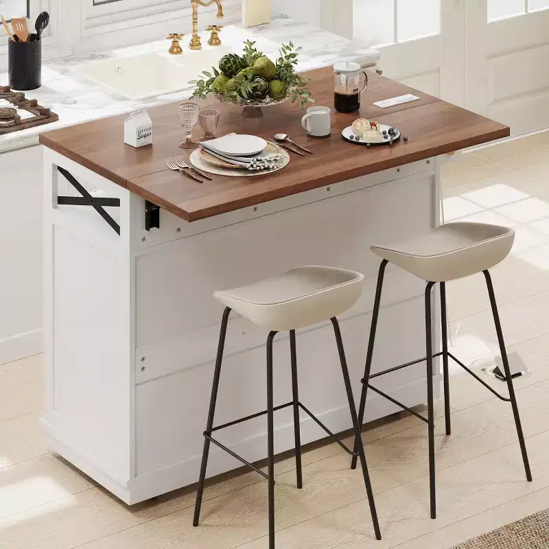 46.5 Farmhouse Kitchen Island with Power Outlet & Beaded Drape - Rolling Cart with Drop Leaf, 3 Drawers & Locking Wheels