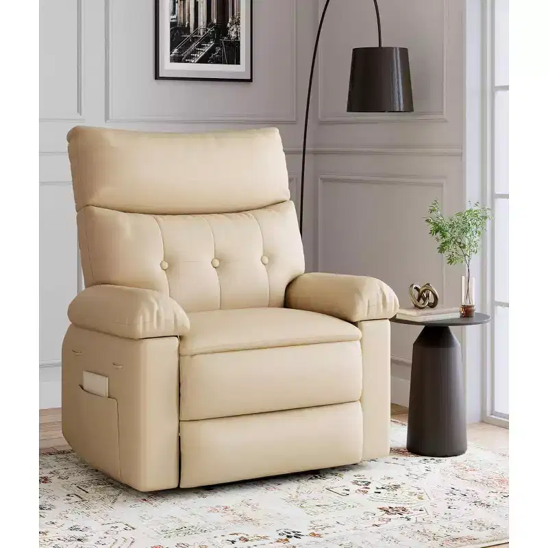 Swivel Recliner Chair, PU Leather Manual Lounge Chair with Side Pocket for Living Room, Bedroom, RV & Nursery - Beige