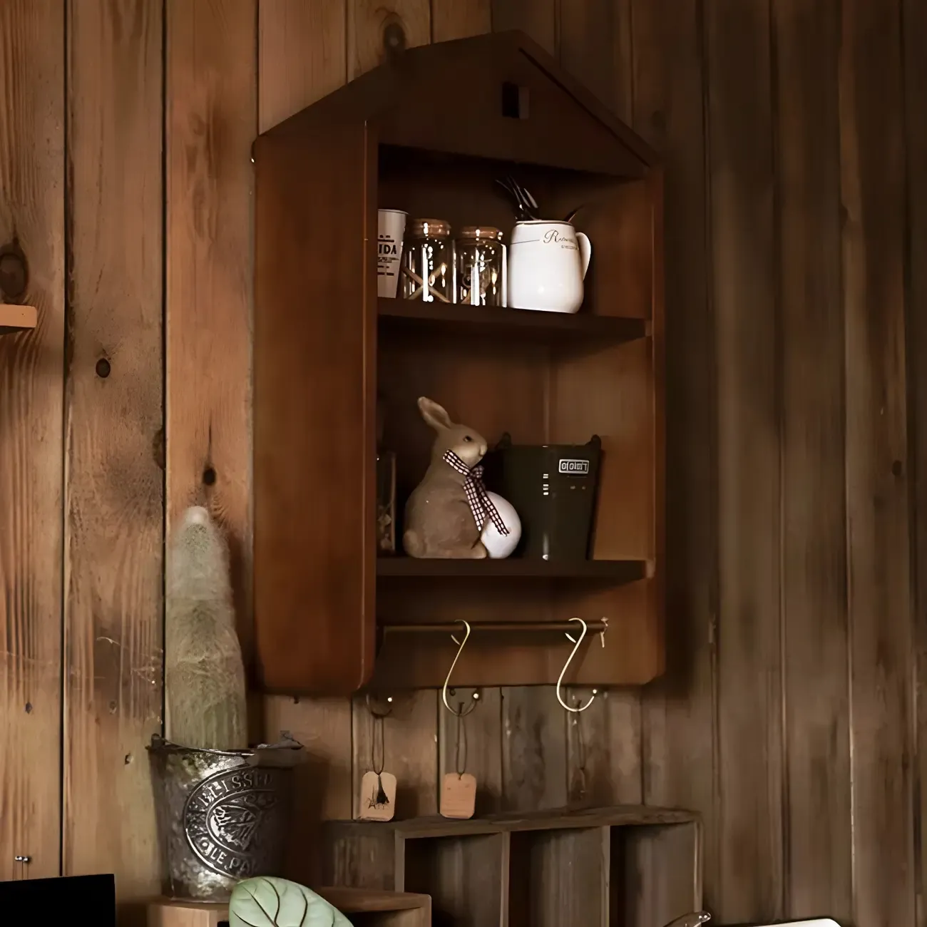 Classicial House-shaped 2 Shelves Floating Wood Display Cabinet