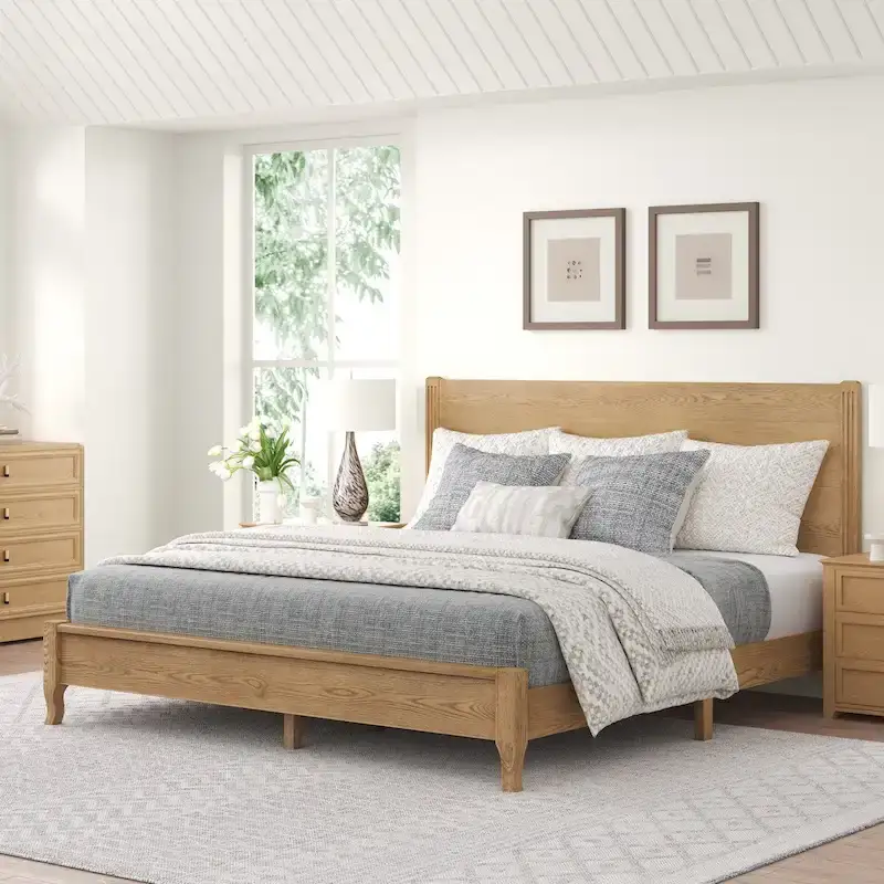 Solid Wood Panel Platform Bed with Headboard, Double Size Beds Wooden Rustic Bed Frame Bedroom Furniture