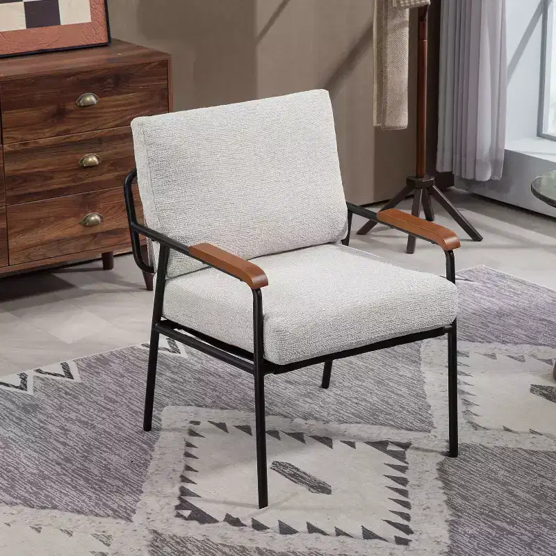 TUYOHW Modern Accent Chair,Lounge Chair with Wood Armrests,Black Metal Frame,Adjustable Foot Nails,Upholstered Armchair for Living Room,Dining Room