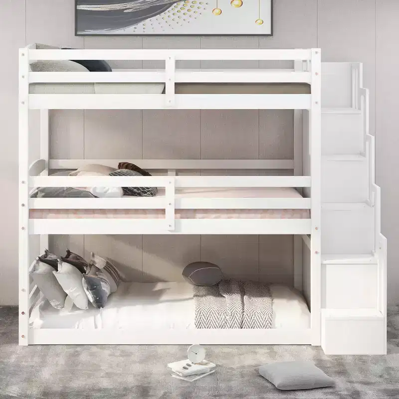 Twin Size Triple Bunk Bed with Storage Staircase, Convertible 3-in-1 Wooden Bunk Bed Frame with Safety Rails, White - ModernLuxe