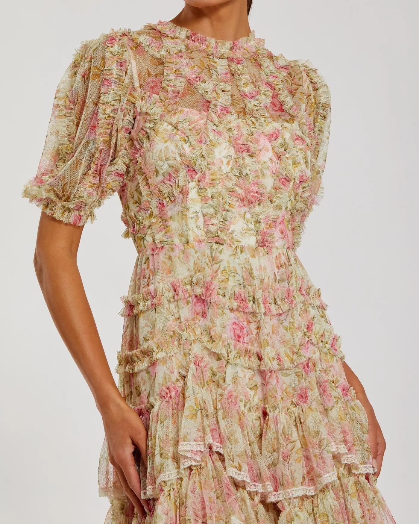 Beige Floral High Neck Midi Dress with Lace Trim