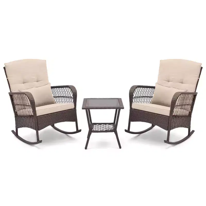Costway Patio 3PCS Rocking Wicker Bistro Set 2 Rocker Chairs Tempered Glass Side Table