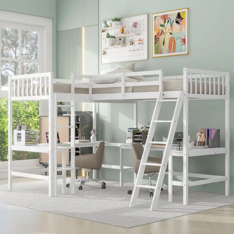 Twin L-Shaped Loft Bed with Desks