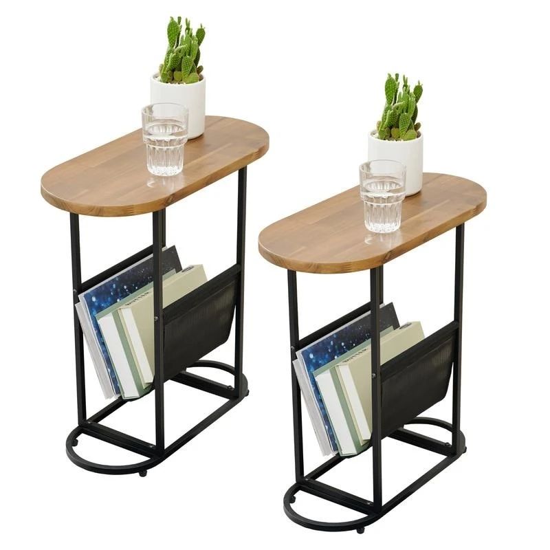 Oval Narrow Side Table Set of 2 End Tables with Organizer Storage