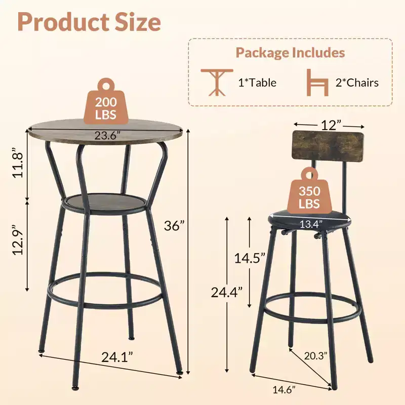 Zevemomo 3-Piece Round Bar Table and Chair Set, Small Dining Table for 2, with 2 Upholstered Stools,for Kitchen, Dining Room & Bistro-Rustic Brown